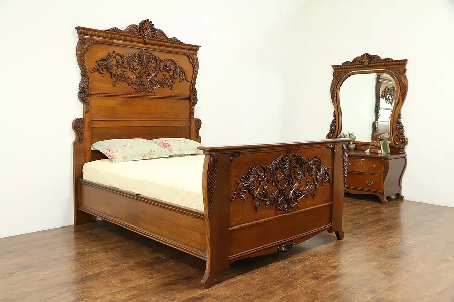 Main image of Victorian Carved Oak 1900 Antique 2 Pc. Queen Size Bedroom Set