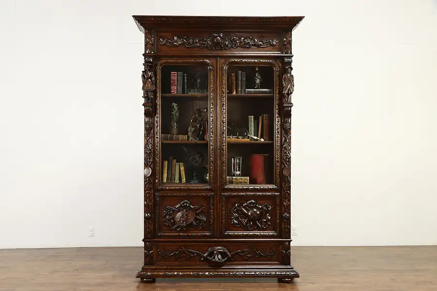 Main image of Black Forest Antique Oak Bookcase, or China, Grape, Art & Maritime Motifs