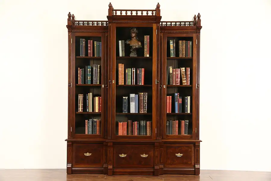 Main image of Victorian Eastlake 1880's Antique Walnut Triple Library Bookcase