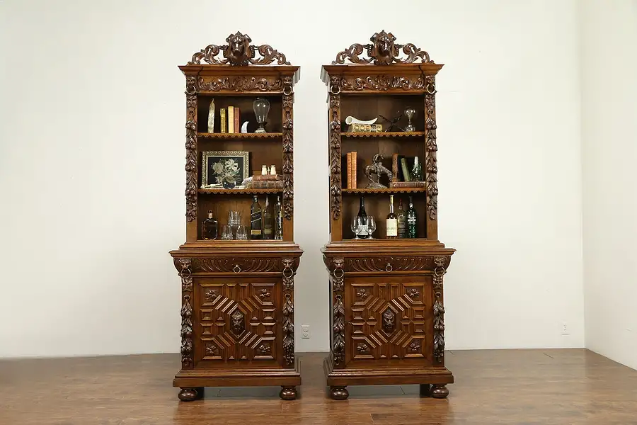 Main image of Black Forest Antique Oak Pair of Library Bookcases, Carved Dog & Lions