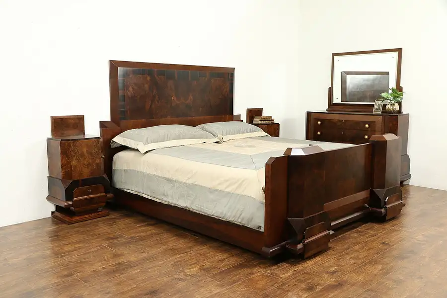 Main image of Italian Art Deco Rosewood Antique 4 Pc Bedroom Set, King Size Bed