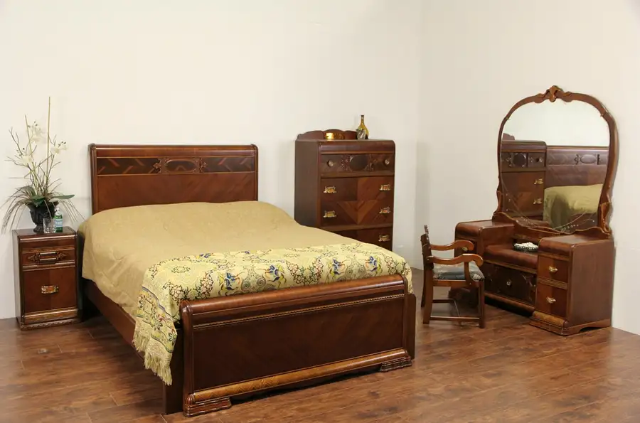 Main image of Art Deco Waterfall 5 Pc. Queen Size 1940 Vintage Bedroom Set, Bakelite Pulls