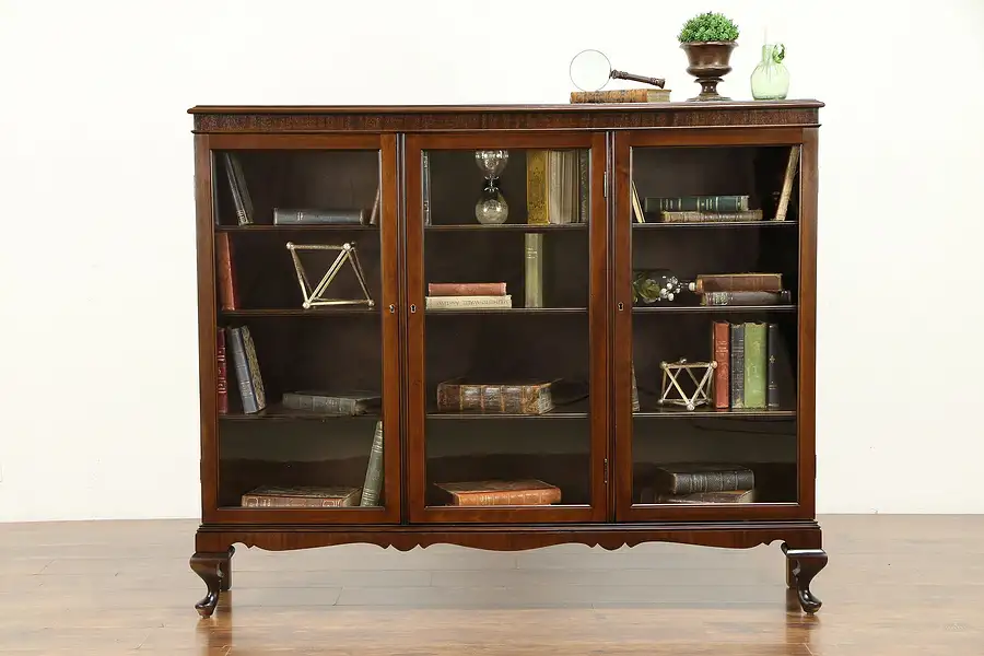 Main image of Triple Antique Mahogany Library Bookcase, Original Wavy Glass, Colby