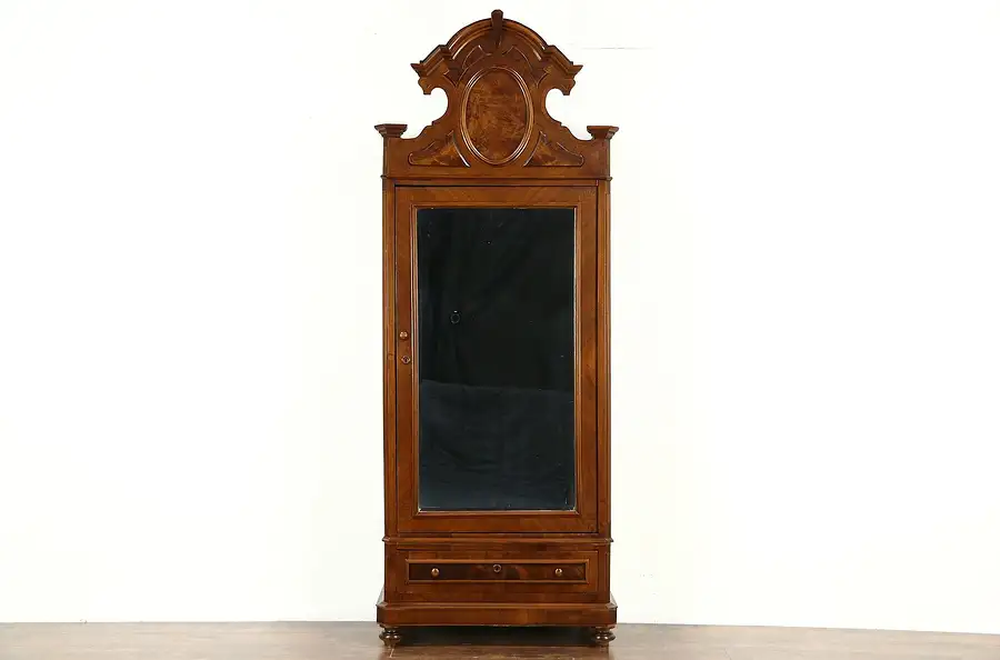 Main image of Italian Baroque Antique 1890 Walnut & Burl Armoire, Beveled Mirror