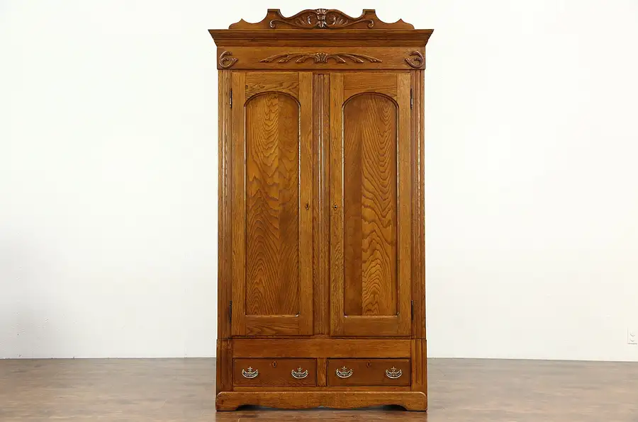 Main image of Oak Carved Victorian 1895 Antique Armoire, Wardrobe or Closet