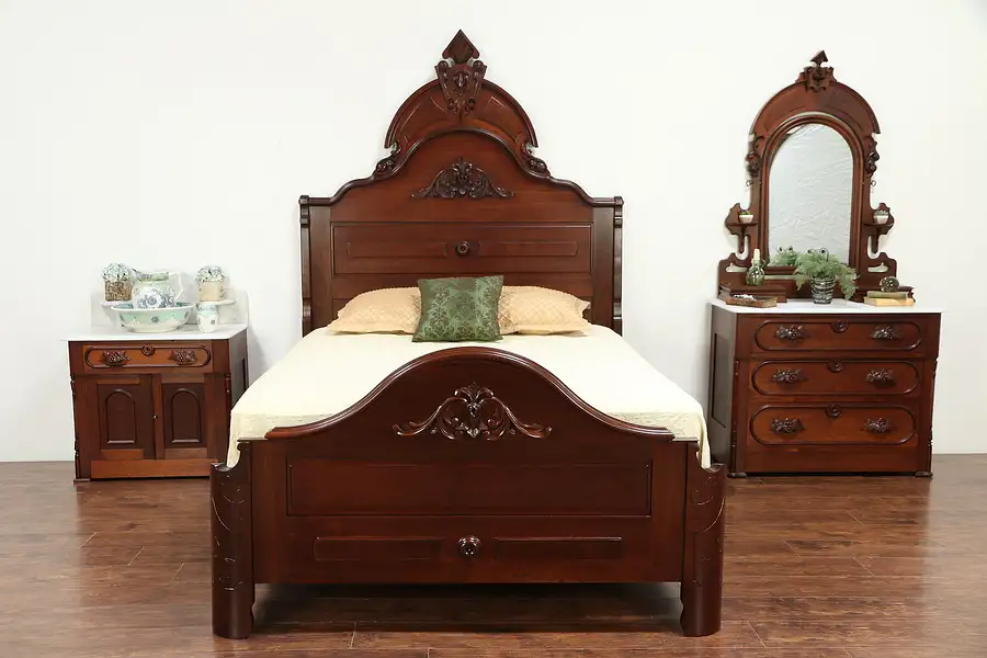 Main image of Victorian Antique Queen Size Walnut Bedroom Set, 2 Marble Top Chests