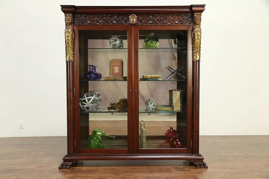 Main image of Mahogany Antique Library Bookcase Display Cabinet, Carved Figures