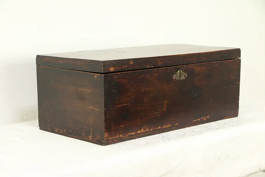 Main image of New England Child Size Antique 1830 Trunk or Sewing Box, Wallpaper Lining