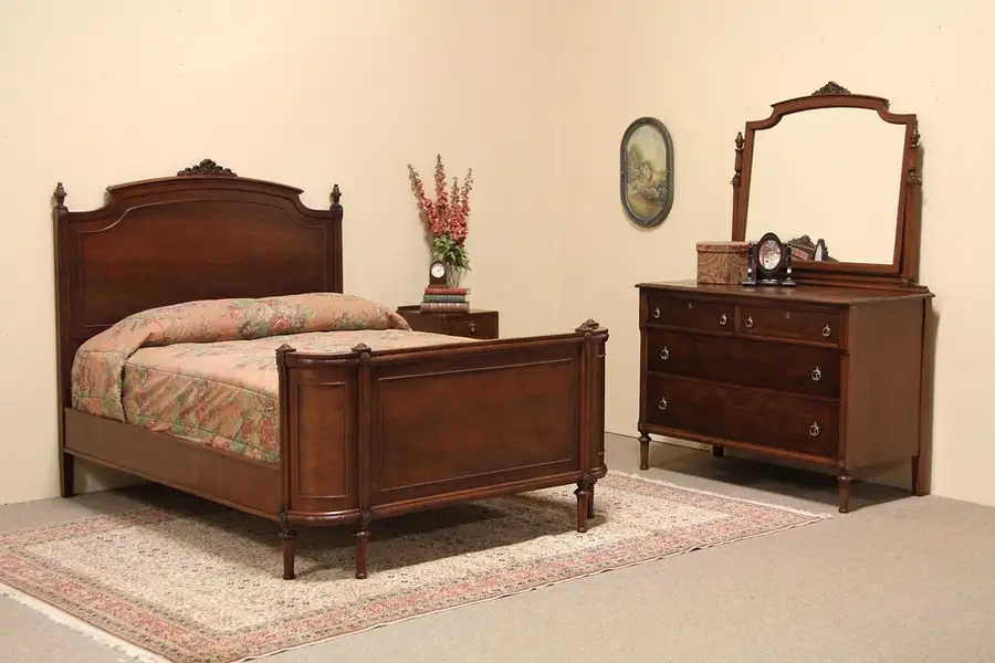 Main image of Walnut Antique Full Bed & Dresser Bedroom Set