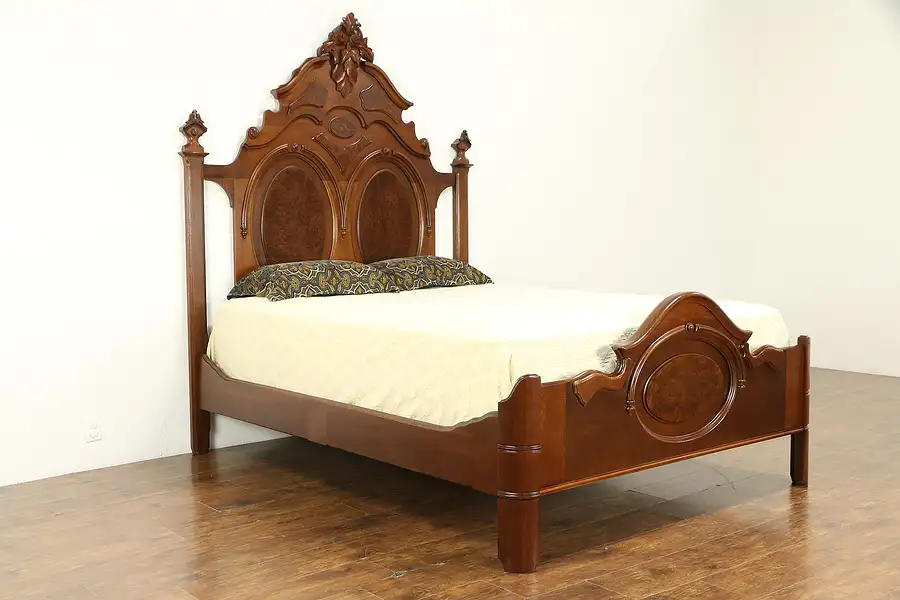 Main image of Victorian Antique Carved Walnut & Burl Queen Size Bed