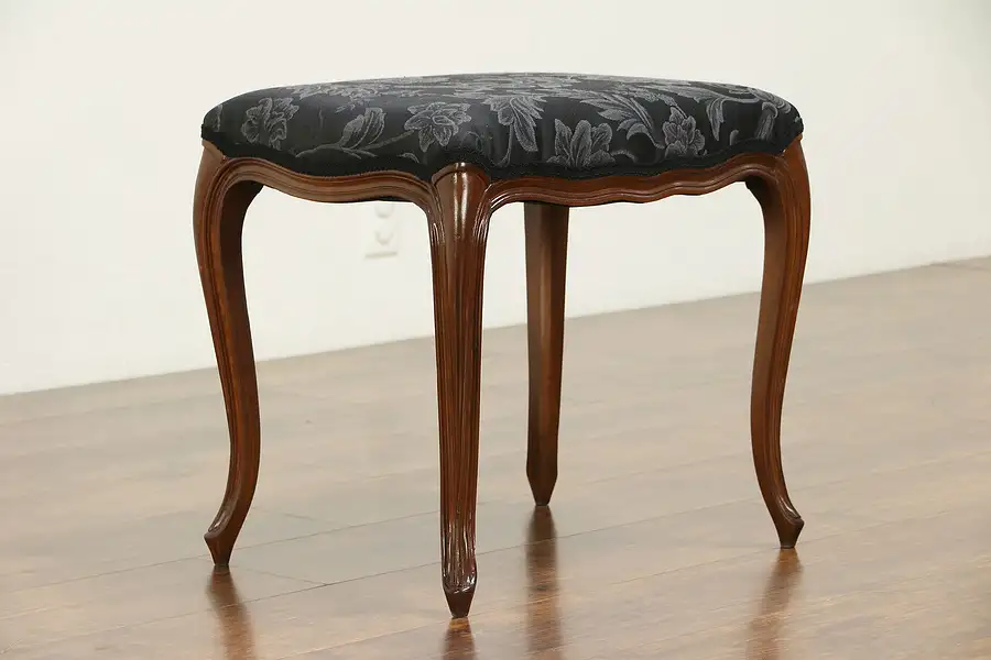 Main image of Carved French Style Vintage Fruitwood Bench or Stool, Newly Upholstered