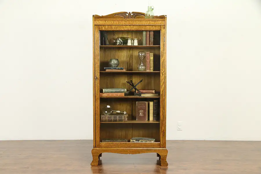 Main image of Oak Antique Bookcase, Bath or Display Cabinet, Wavy Glass Door