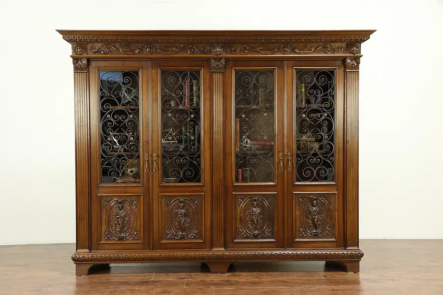 Main image of Italian Antique Library Bookcase, Carved Figures & Lions, Signed