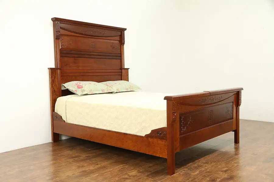 Main image of Victorian Eastlake Antique 1880 Carved Cherry Queen Size Bed