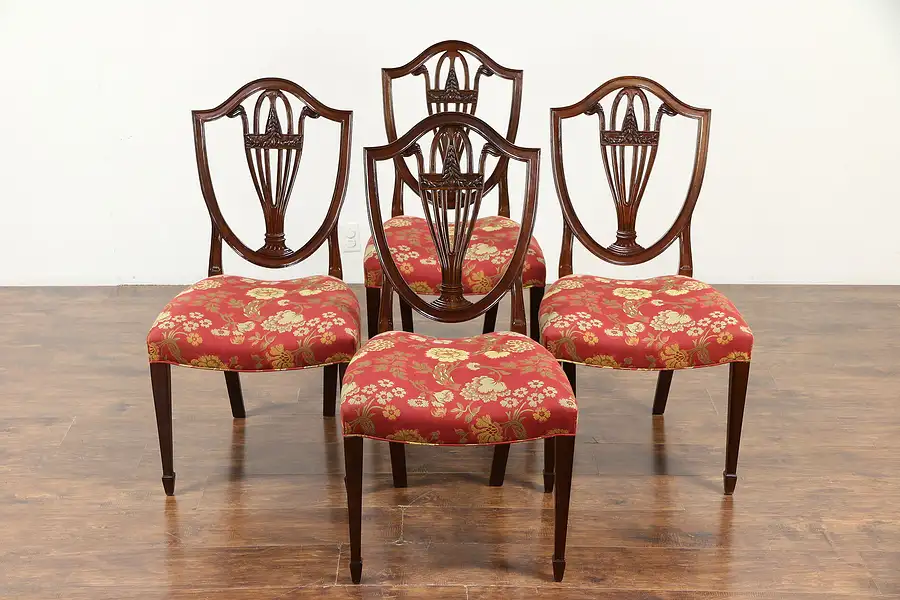 Main image of Set of 4 Shield Back Mahogany Dining Chairs, All Original, Signed Baker