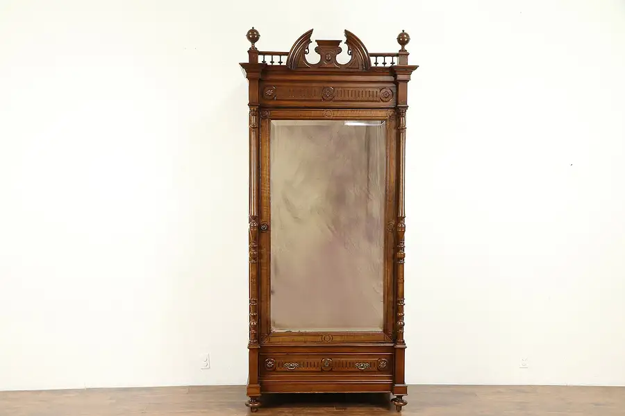 Main image of Walnut Antique Austrian Armoire Wardrobe or Closet, Beveled Mirror Door