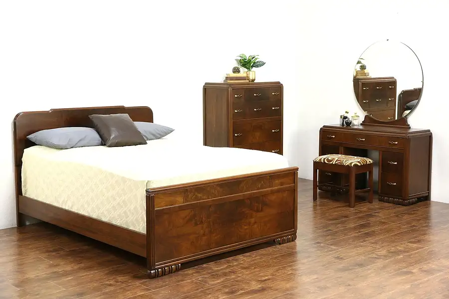 Main image of Art Deco 1940 Vintage 4 Pc. Walnut & Burl Bedroom Set, Full Size Bed & Vanity