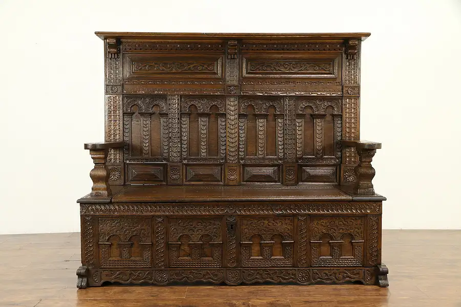 Main image of Italian Hand Hewn Oak Antique 1780 Renaissance Carved Hall Bench