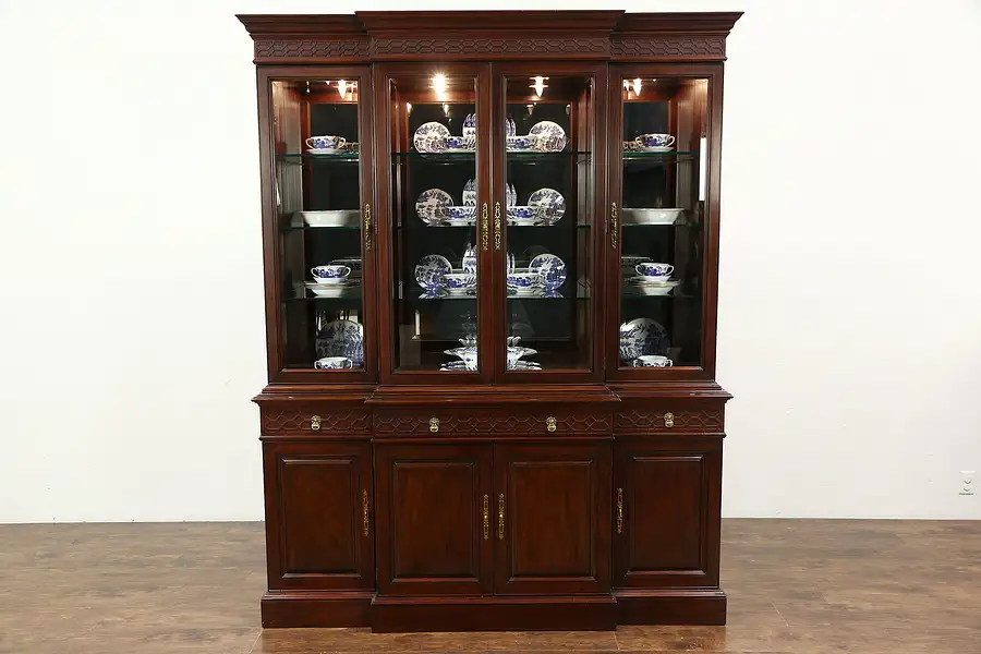 Main image of Henkel Harris Signed Mahogany Breakfront China Cabinet, Beveled Glass, 1996