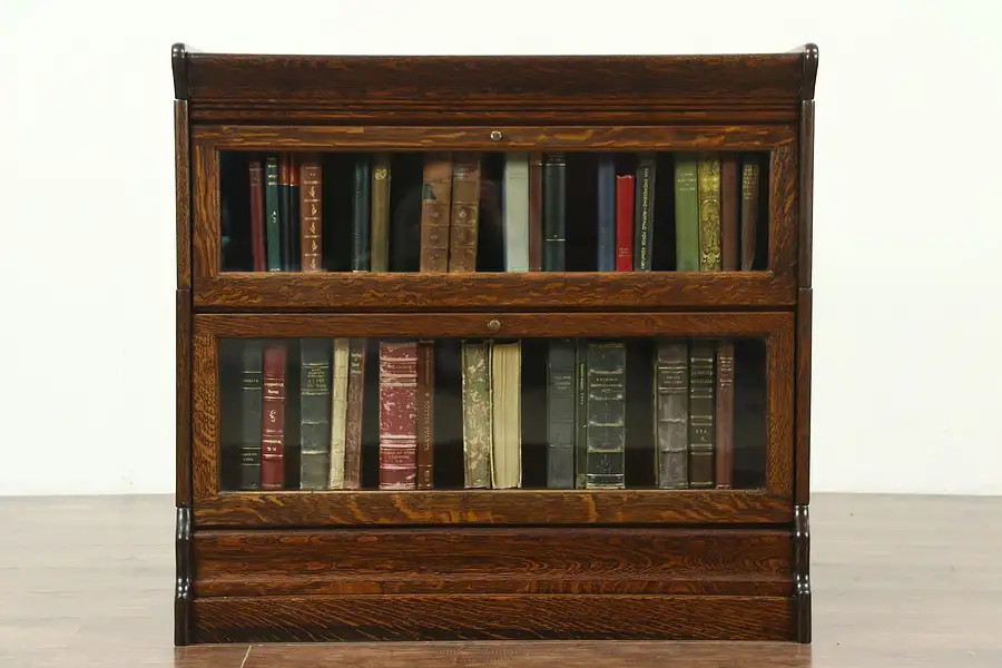 Main image of Oak Stacking 2 Section Antique Lawyer Bookcase, Wavy Glass Doors