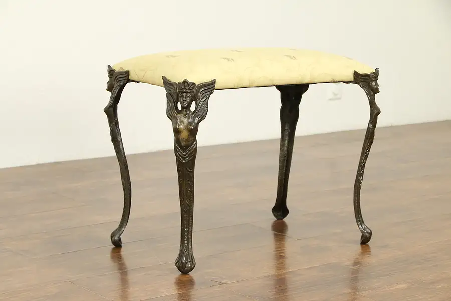 Main image of Iron Antique Bench, Angel Legs, New Upholstery, Signed Verona