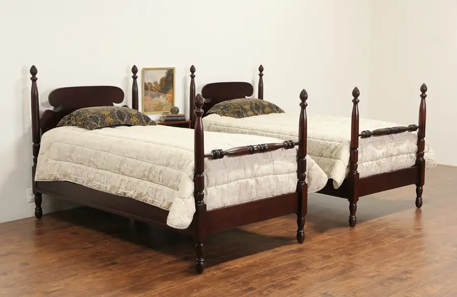 Main image of Pair of Mahogany Twin Pineapple 1930's Vintage Poster Beds