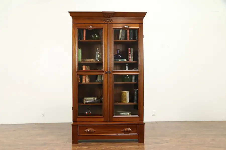 Main image of Victorian Antique Carved Walnut Library Bookcase, Wavy Glass Doors