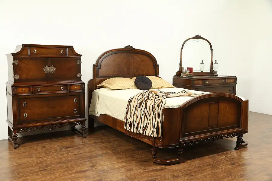 Main image of English Tudor Style Antique 1920 Walnut 3pc Bedroom Set, Queen Size Bed