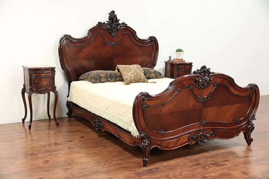 Main image of French Rosewood Antique Bedroom Set, Queen Size Bed & Nightstands