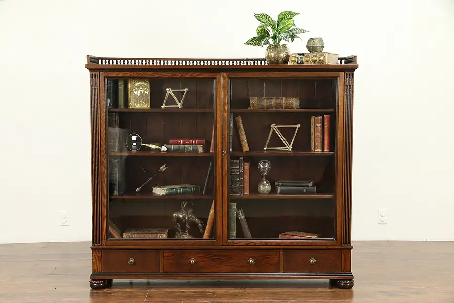 Main image of Oak Antique 1890 Library Bookcase, Wavy Glass Doors, Adjustable Shelves