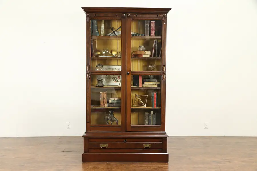 Main image of Victorian Eastlake Antique Walnut Library Bookcase, Wavy Glass