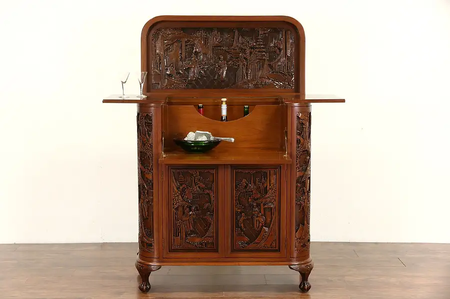 Main image of Chinese Hand Carved Teak Vintage Bar or Liquor Cabinet & Server