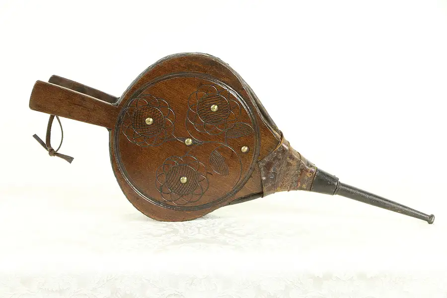 Main image of Carved Maple & Leather Antique Fireplace Bellows, Iron Tip