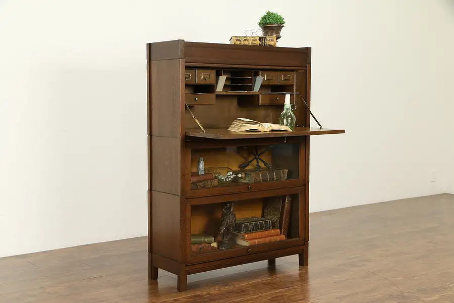 Main image of Oak Antique Craftsman Stacking 2 Section Bookcase & Desk