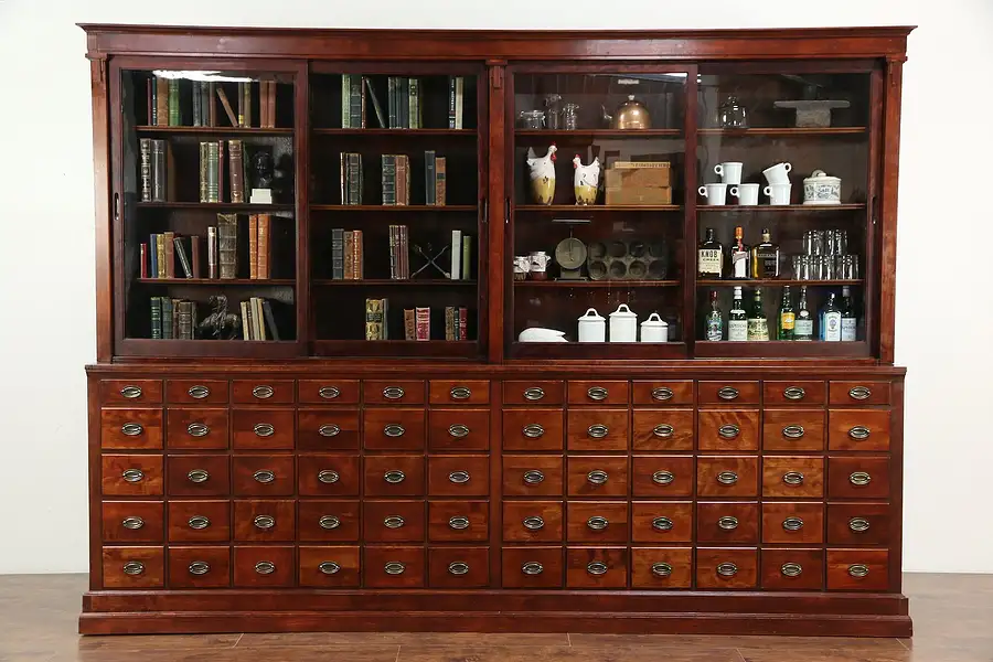 Main image of Apothecary or Drug Store Antique Cabinet, 60 Drawers, Sliding Glass Doors