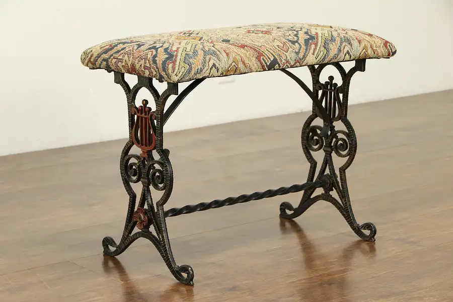 Main image of Iron Antique Bench, Hand Painted Lyre Design, New Upholstery