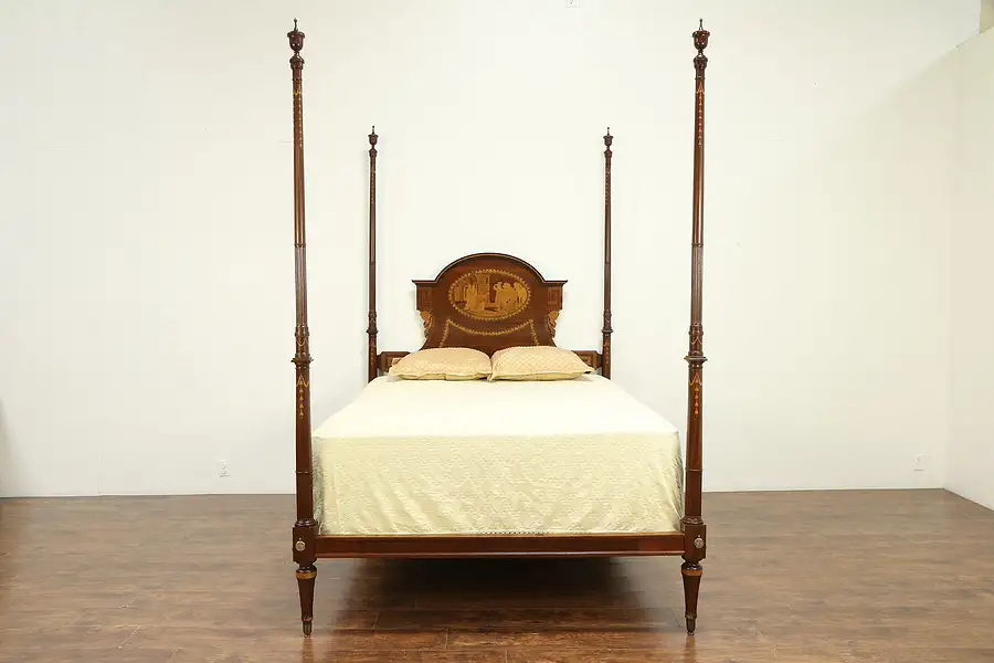 Main image of Spanish Antique Queen Size Poster Bed, Classical Scene Marquetry