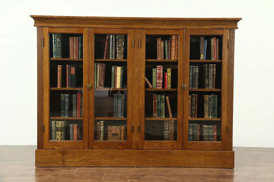 Main image of Oak 1900 Antique Library Bookcase, 4 Wavy Glass Doors, Adjustable Shelves