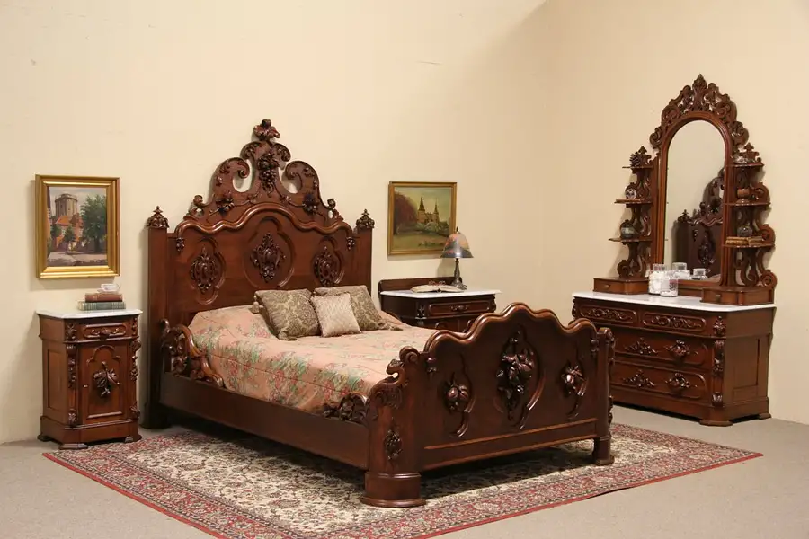 Main image of Victorian Carved Oak & Chestnut 1860 Queen Size 4 Pc. Bedroom Set, Marble Tops