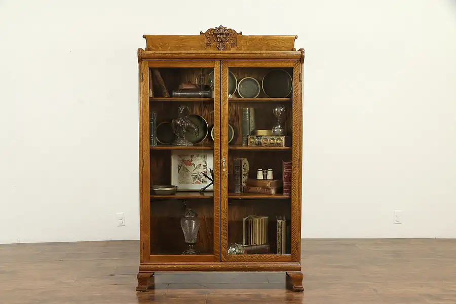 Main image of Victorian Antique Oak Library Bookcase or China Cabinet, Carved Lion