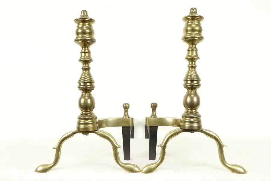 Main image of Pair of Vintage Brass Fireplace Andirons, Signed Rostand