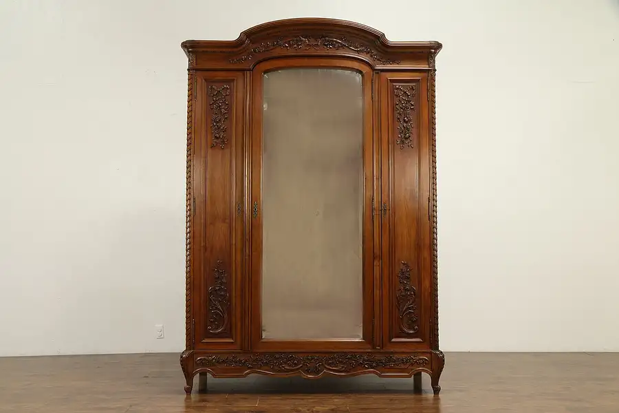 Main image of French Antique Hand Carved Walnut Armoire, Wardrobe or Closet, Mirror