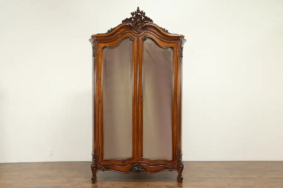 Main image of French Antique Rosewood Armoire Wardrobe, Beveled Mirrors, Shelves