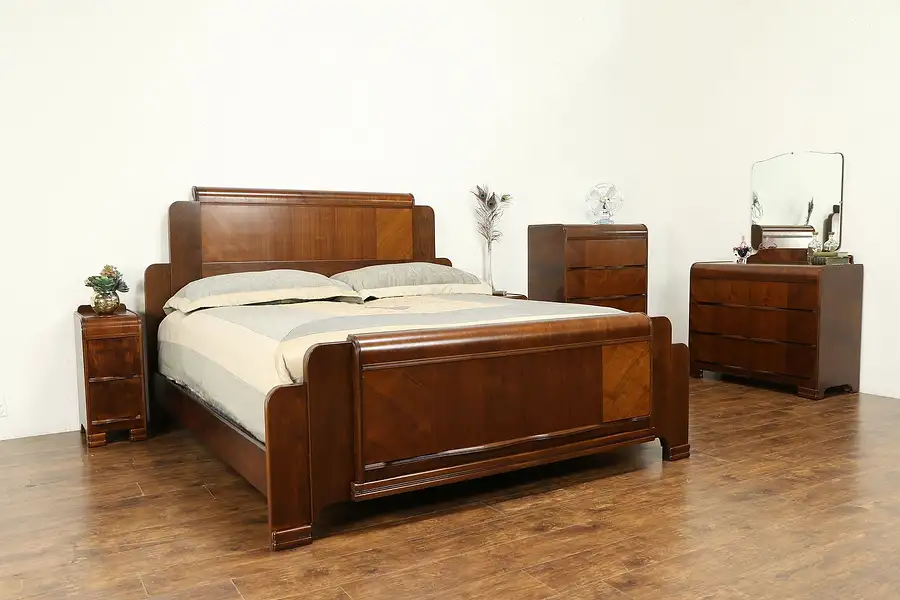 Main image of Art Deco Waterfall Design 1940 Vintage 5 Pc Bedroom Set, King Size Bed