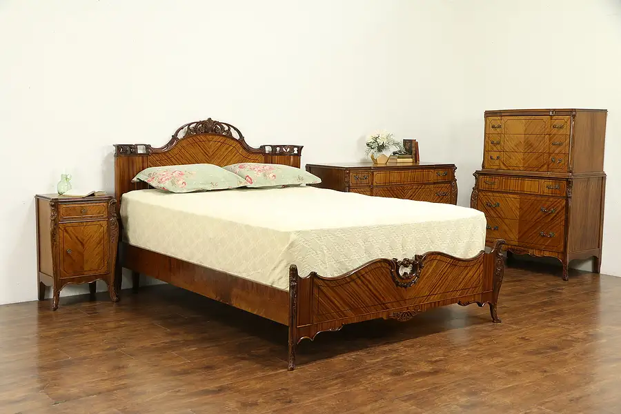 Main image of Satinwood Carved Vintage 4 Pc. Bedroom Set, Queen Size Bed