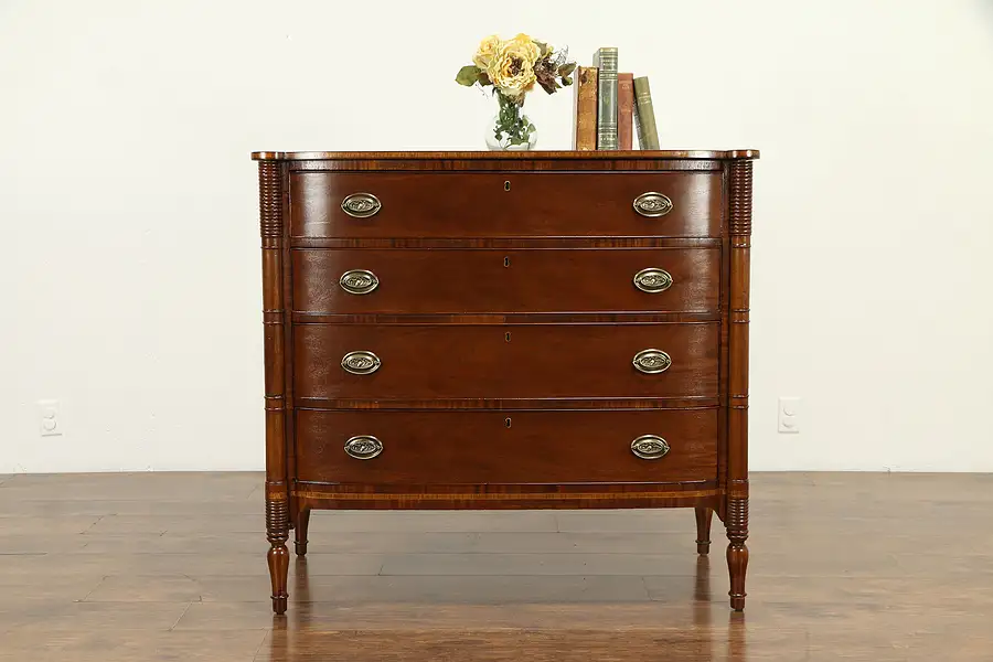 Main image of Sheraton Antique Mahogany Bow Front Chest or Dresser, Rosewood Banding