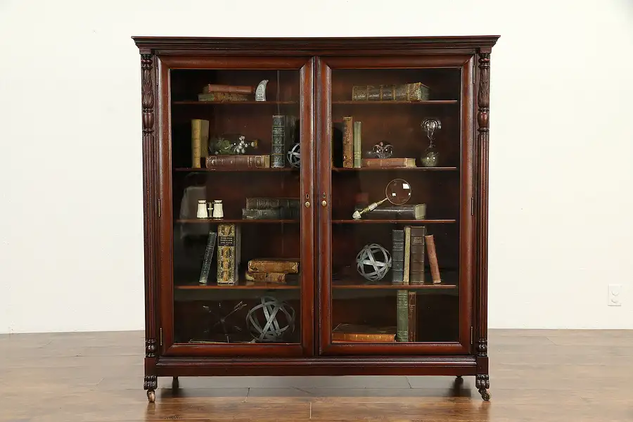 Main image of Mahogany Carved Antique Library Bookcase, Wavy Glass Doors