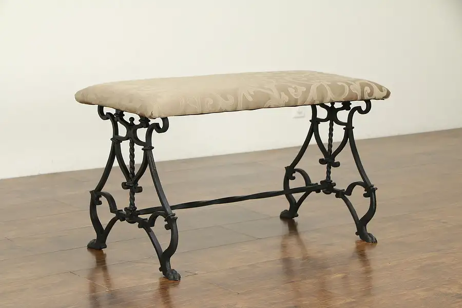 Main image of Wrought Iron Antique Bench, Lion Paw Feet, New Upholstery