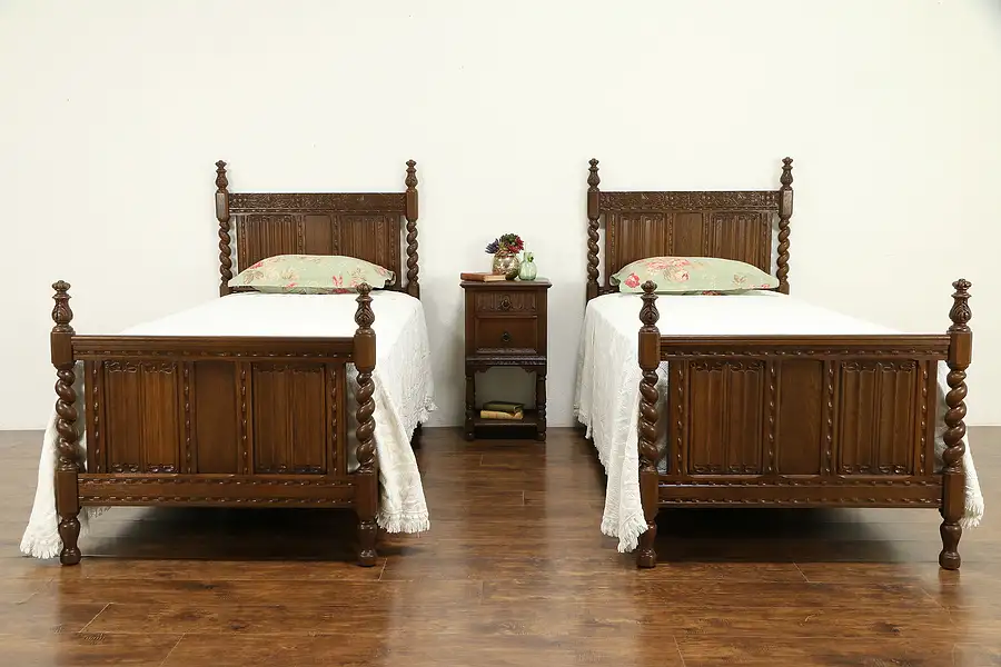 Main image of Oak English Tudor Antique Bedroom Set, 2 Single Beds