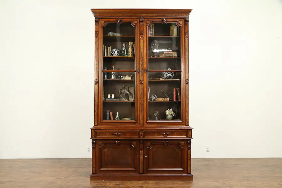 Main image of Victorian Renaissance Antique Carved Walnut & Burl Library Bookcase